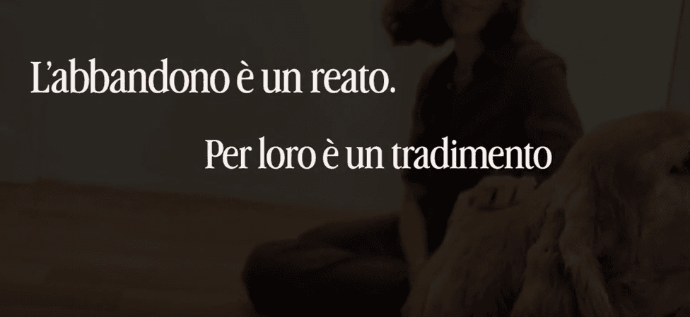 Fotogramma dello spot con la scritta «L’abbandono è un reato. Per loro è un tradimento»