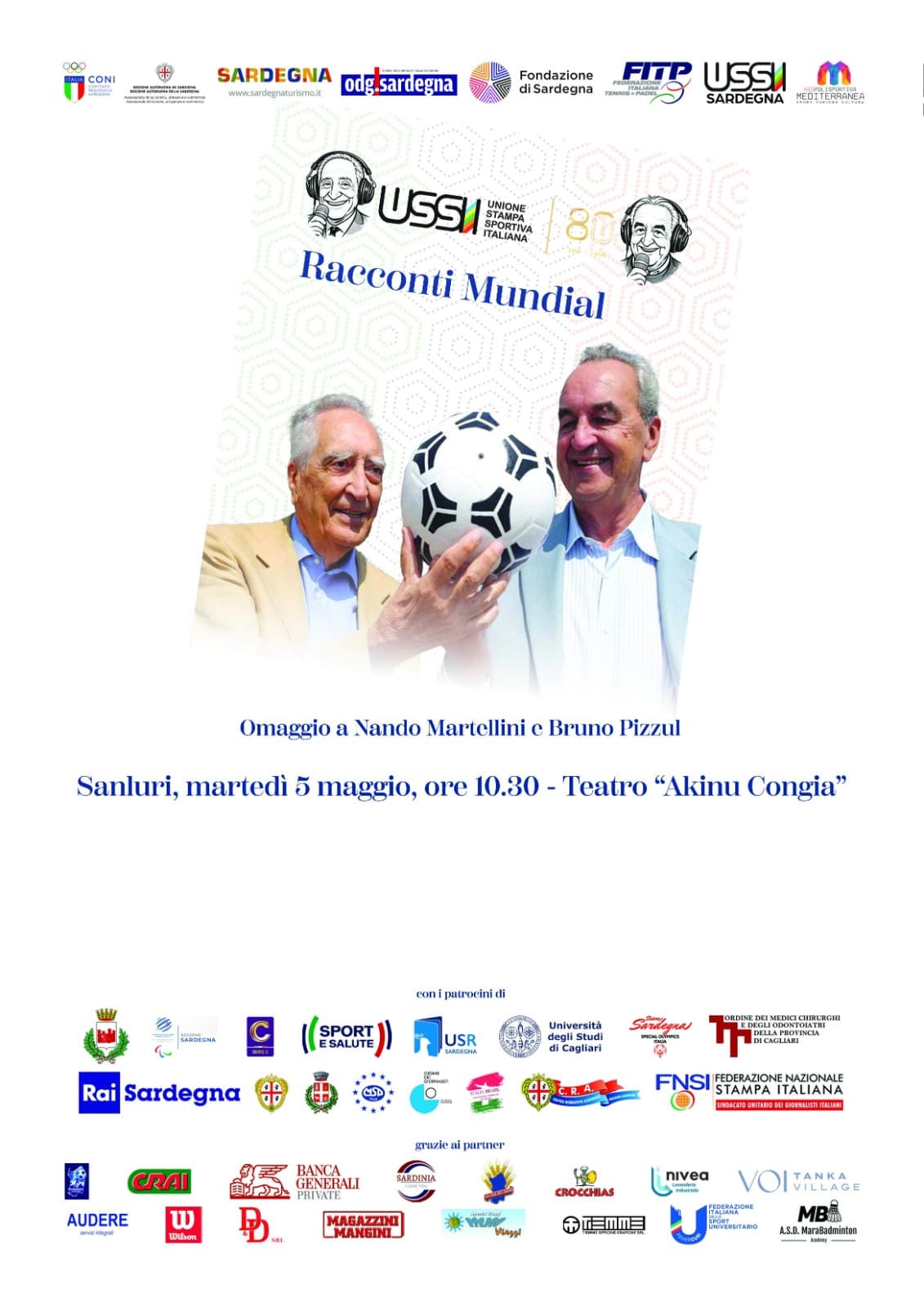 Locandina ufficiale Ussi80 Racconti Mundial - Omaggio a Nando Martellini e Bruno Pizzul - Sanluri, martedì 5 maggio ore 10.30, Teatro Akinu Congia