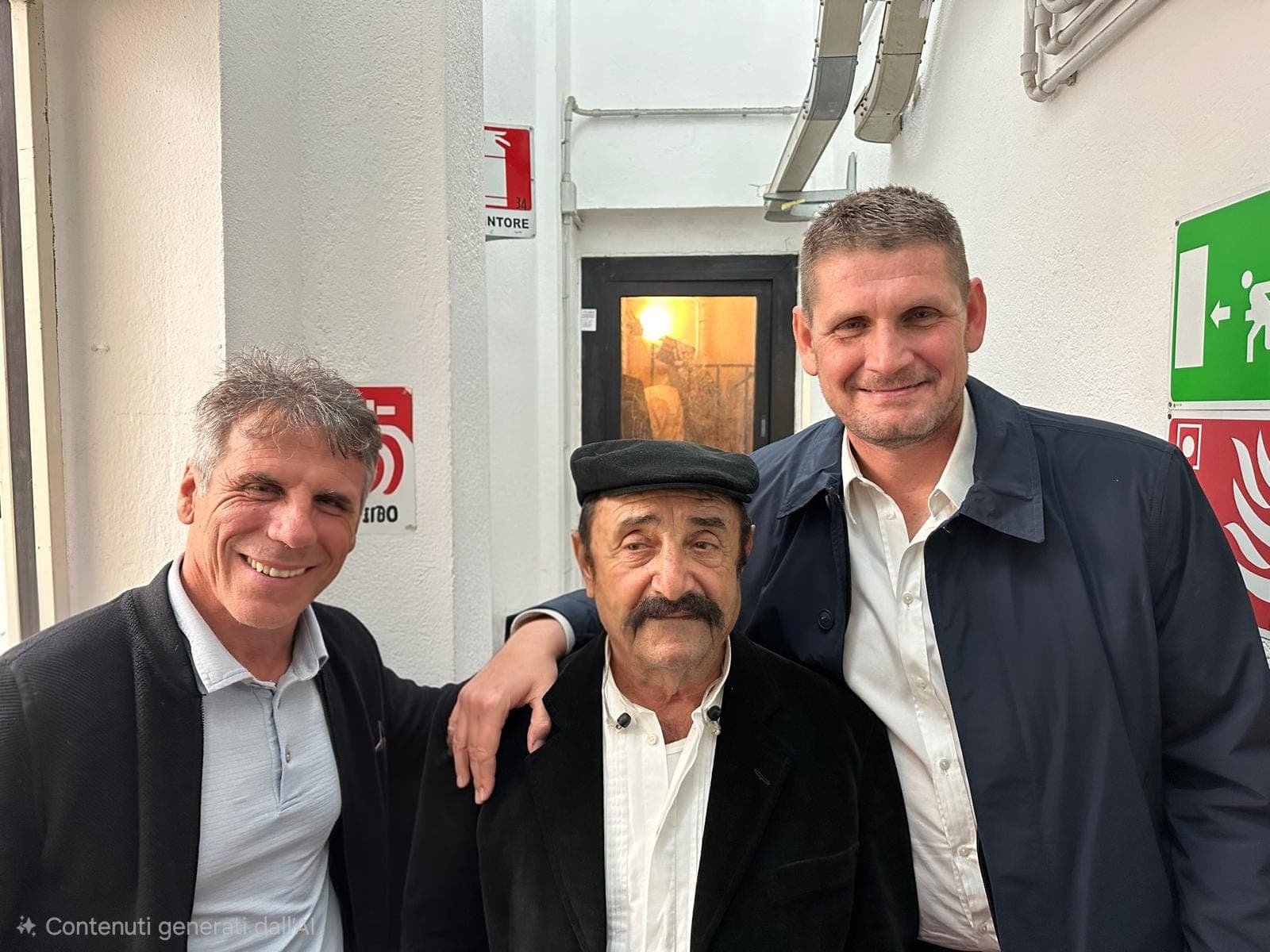 Gianfranco Zola, Benito Urgu e Nicola Riva sorridono abbracciati in un corridoio, dopo un incontro